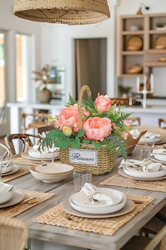 Peonies Artificial Flowers, Spring/Summer Flower Centerpieces for Tables Silk Flower Arrangements with Woven Basket Fake Peonies with Fern Leaves Pink Flower Arrangement for Kitchen Dinner Table - Image 4