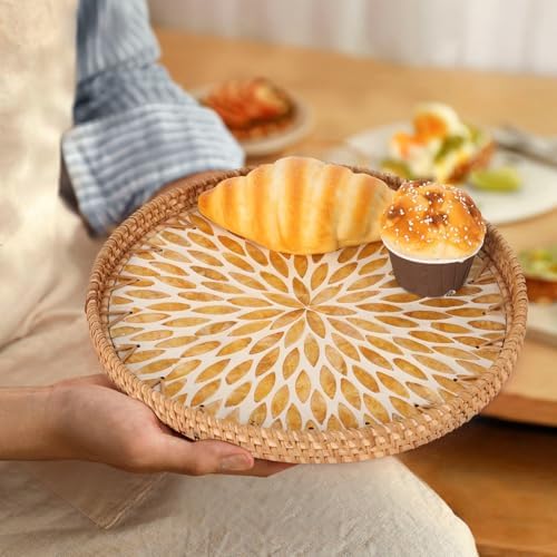 Round Rattan Tray with Mother of Pearl Inlay, Rattan Serving Tray for Coffee, Bread, Fruits, Decorative Wicker Tray for Table Decor, Home Decor, Kitchen Island Decor (Amber Leaf, 11.8") - Image 4