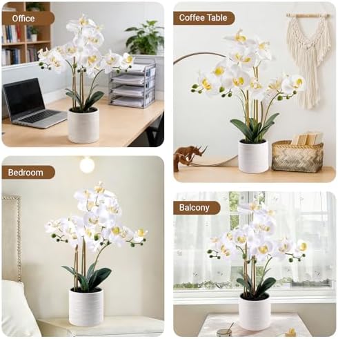Fake Orchid Plant 23" Tall, Realistic Touch Leaves, Potted Phalaenopsis Artificial Plants Indoor for Home Decor Small Office Home Living Room-White - Image 3