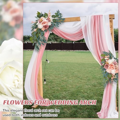 Thiccywoov 4 Pcs Wedding Arch Flowers and Drape Kit Include 2 Artificial Floral Swag and 2 Chiffon Drapes, Faux Flower Set for DIY Wedding Party Reception Ceremony Backdrop Rose Decoration (Pink) - Image 6