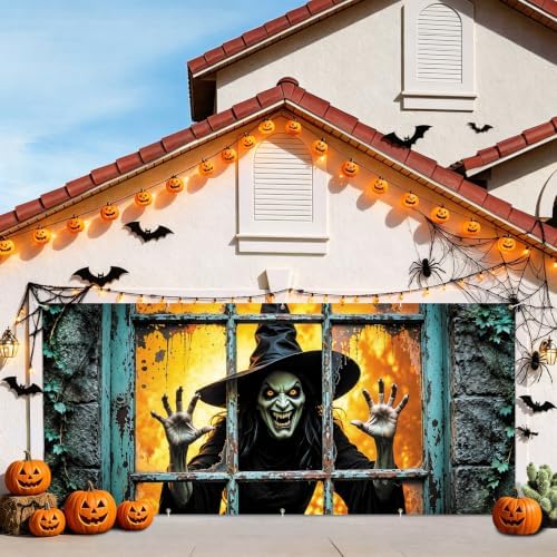 7x16FT Halloween Window Witch Garage Door Banner Skeleton Witch Happy Hallowen Garage Door Cover Decoration for Hallowen Decoration - Image 7