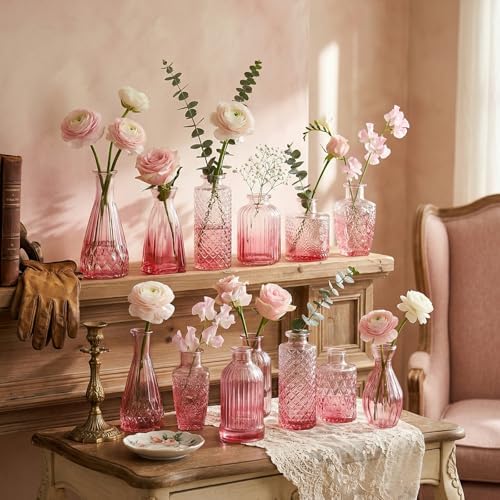 CUCUMI 12pcs Bud Vases for Centerpieces, Pink Glass Vase Set - Image 6