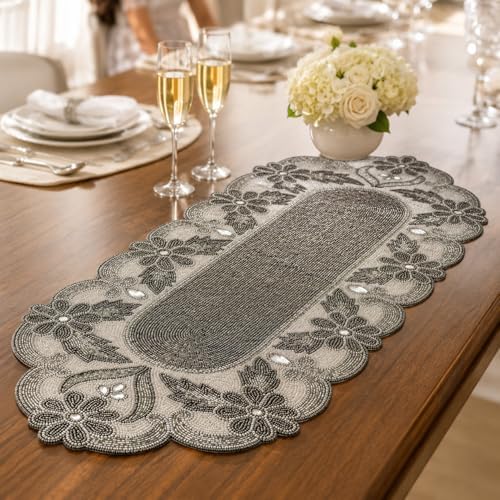 Handmade Beaded Table Runner 13 x 36 Inch, Grey Milky Floral Design, Decorative Dining Table Accent - Image 3