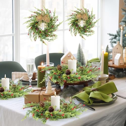 8 Pcs 9 Inch Christmas Wreaths for Kitchen Cabinet Artificial Cedar Pine Hanging Wreath with Red Berries Pine Needles for Front Door Xmas Swag Wreaths for Christmas Winter Farmhouse Home Decorations - Image 4