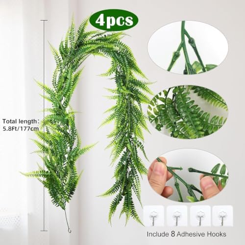 RECUTMS 4Pc Artificial Boston Ferns Garland 5.8Ft Green Fake Greenery Vines - Image 4