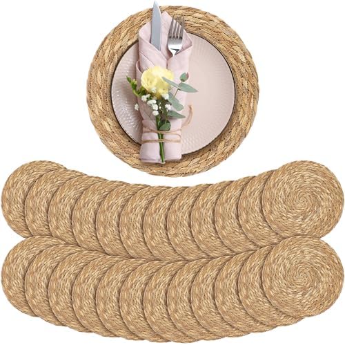 Aneco 24 Pack 12-Inch Round Woven Placemats Natural Hand-Woven Boho Rattan Wicker Bulrush Placemat Farmhouse Rustic Braided Table Mats for Dining & Kitchen Decor by Aneco
