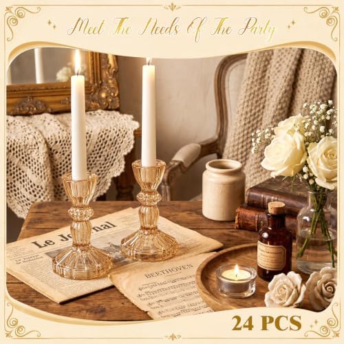 Sieral 24 Pcs Amber Taper Candle Holders 4'' Tall Candlestick Glass Holders Bulk Stripe Decorative Stand Wedding Stick Holder for Anniversary Party Dining Table Festival Decor - Image 6