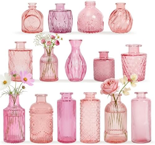 15 Pcs Pink Glass Bud Vases Bulk, Vintage Small Flower Vase Set by SUJUN