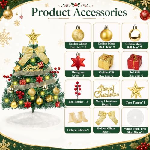 2FT Mini Christmas Tree with 40 Lights, Balls Tree Skirt 8 Lighting Modes - Image 3