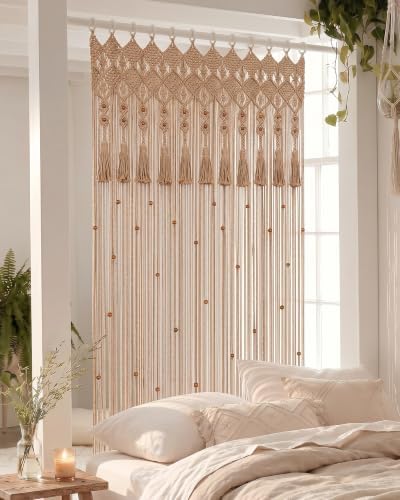 BECHAEO Boho Macrame Beaded Curtain with Tassels, Brown 1 Panel 39" x 79" - Image 2