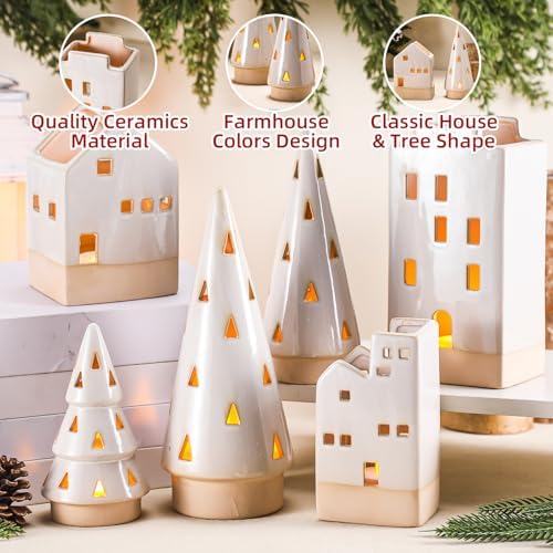 Beeveer 6 Pcs Christmas Ceramic Buildings Decoration, 4.4" to 9.4" White Christmas Tree & Houses Tealight Candle Holders Centerpiece Set for Winter Holiday Village Tabletop Mantel - Image 3