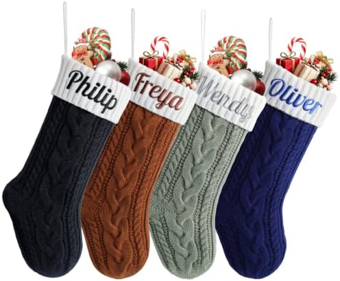 Personalized Christmas Stockings,Custom Embroidered Name & Monogram Knit Stockings for Kids,Family,Black Brown Cable Knit 18" Christmas Stocking for Fireplace Holiday Decor Gifts(9 Pack) by Infiher