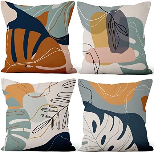 Abstract Palm Leaves Pillow Covers 24''x24'' Set of 4, Modern Geometric Line Pattern Cushion Covers Decorative Tropical Print Pillow Cases for Couch Sofa Bedroom Farmhouse Garden Patio by VieSavaran