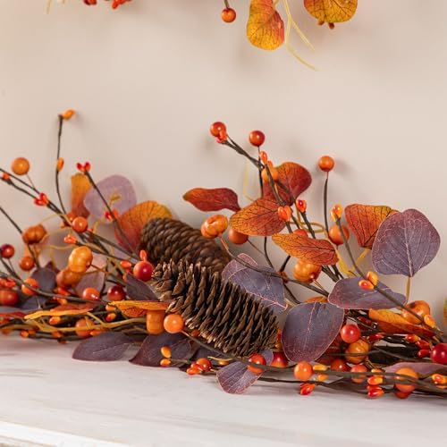 Glitzhome Fall Decor, Fall Garland, 6FT Autumn Eucalyptus Berry Garland, Thanksgiving Harvest Festival Decorations for Outdoor Indoor Home Mantle Porch Wedding Table Wall Arch - Image 6
