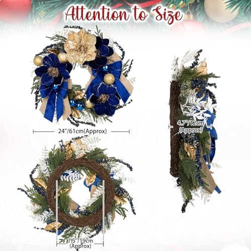 24" Christmas Wreath for Front Door with Blue Magnolia Artificial & Berries - Image 2