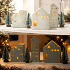 Sunlit Ceramic Christmas Village Sets of 3 Houses with 3 Tea Lights & 3 Frosted Trees, Christmas Decorations Indoor, Xmas Holiday Farmhouse Vintage Rustic Decor for Tabletop Mantle, Beige - Image 6