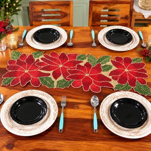 Beaded Table Runner 13x36 Inch Handmade Decorative Dining Table Runner, Red Green Gold Poinsettia Design, Luxury Glass Beaded Runner for Christmas, Holiday & Farmhouse Table Decor - Image 2