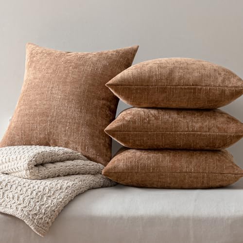 MIULEE Pack of 4 Fall Decorative Throw Pillow Covers 18x18 Inch Chenille Textured Throw Pillows Boho Farmhouse Rustic Cushion Covers Vintage Home Decor for Couch Sofa Bed Living Room，Camel - Image 2
