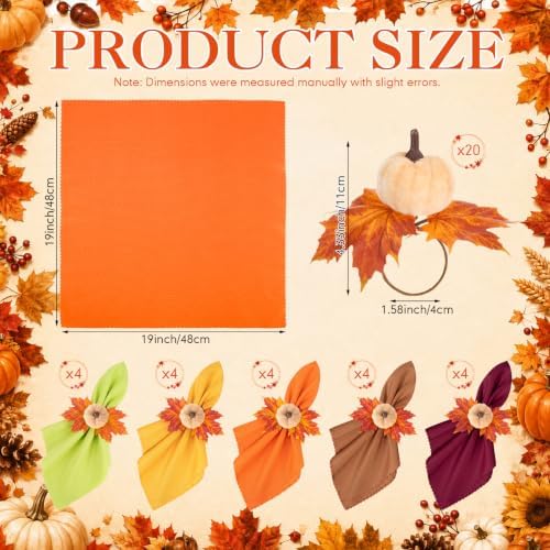 Preboun Fall Thanksgiving Cloth Napkins Set of 40 with Pumpkin Napkin Rings - Image 2