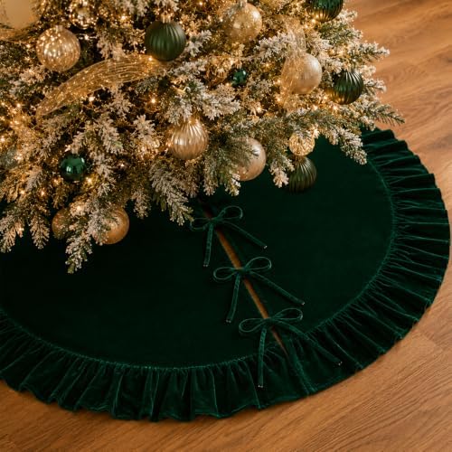 60 Inch Large Christmas Tree Skirt, Dark Green Velvet with Ruffled Edge for Big Trees Decorations for Home Party Festival by Amidaky