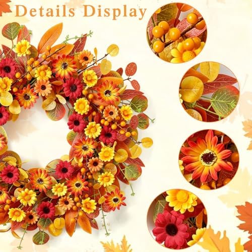 Harvest Fall Wreaths for Front Door 22 Inch Autumn Daisy Wreath Wall Decor - Image 3