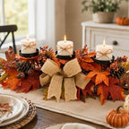 Fall Candle Holder Centerpiece with Maple Leaves, Pinecones, Berries & Burlap Bow,Thanksgiving Table Centerpiece Decoration for Dining Table, Mantel & Autumn Harvest Home Décor - Image 7