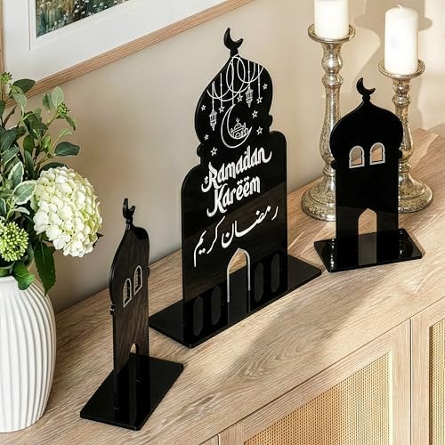 Iwa Concept Ramadan Kareem Table Decoration Set – Elegant 3-Piece Islamic Table Decor – Modern Ramadan Decorations for Iftar & Eid – Black Wooden Acrylic Islamic Tabletop Decor - Image 5