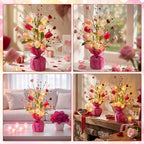 Pinkunn 2 Packs Mother's Day Table Centerpiece Decor Mother's Day Table Tree Decoration with Light, 16 Inches Artificial Tulip Red Pink Heart Shaped Berry Burlap Base Decor for Dining Room Home - Image 4