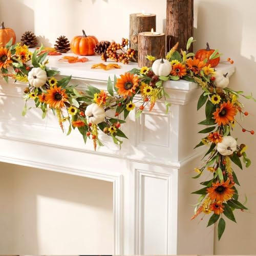 Riceshoot Fall Garland 6 Ft Sunflower Pumpkin Mantel Thanksgiving Decor - Image 6