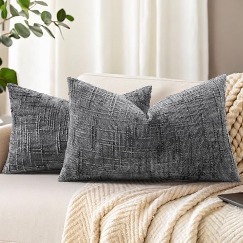 decorUhome Textured Chenille Throw Pillow Covers 12x20 Set of 2 Dark Grey by decorUhome