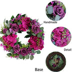 Artificial Purple Rose Wreaths 20 inches Front Door Wreath with Hydrangea Green Leaves Artificial Spring Wreaths Valentines Mother's Day Wreath for Wall Wedding Party Home Decor (Purple) - Image 3