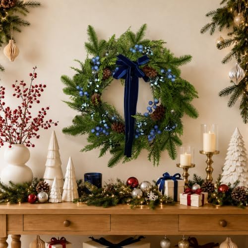 Fayoo 20 Inch Blue Berry Pine Winter Wreath Christmas Front Door Decor - Image 5