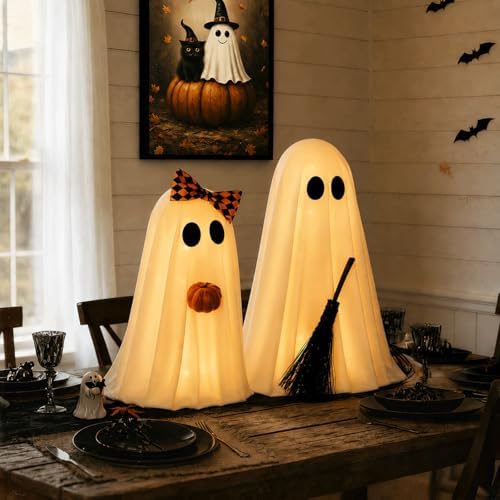 Halloween Decorations Indoor, 2 Pack Lighted Ghost Decor with Broom Pumpkin - Image 4