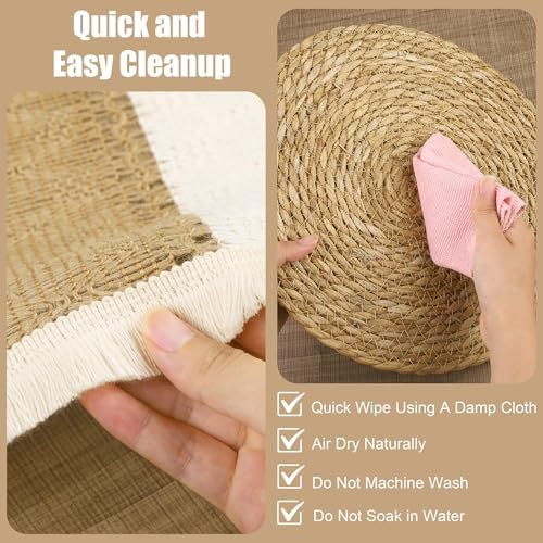 Kochorie 12 Set Handmade Boho Placemats Natural Cotton Burlap Table Mats, 12 Rectangle with Tassel & 12 Round Bulrush Placemats Farmhouse Weave Place Mats for Rustic Dining Table Kitchen Decor - Image 4