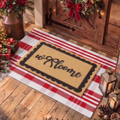2pcs Christmas Welcome Mat for Front Door Layered Buffalo Plaid Outdoor Rug by Unknown