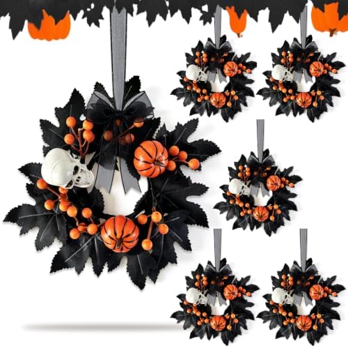 6 PCS Mini Halloween Cabinet Wreath Gothic Skeleton Leaves Wreath Decor by Unknown