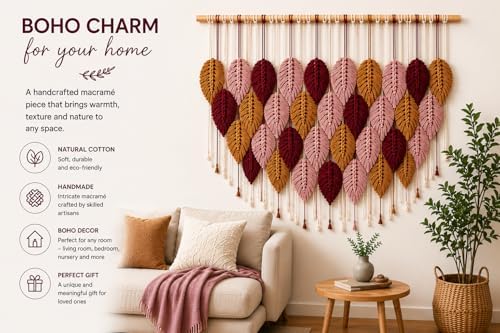 Macrame Wall Hanging Large, Boho Wall Decor, Leaf Macrame Wall Art, Woven Cotton Tapestry for Bedroom Living Room (Pink and Wine) 39" x 31" - Image 4