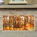 16X7Ft Fall Garage Door Cover Decorations, Autumn Farmhouse Forest Scenery Maple Leaves Pumpkins Harvest Thanksgiving Day Friendsgiving Party Outdoor Wall Patio Yard Decor Banner - Image 2
