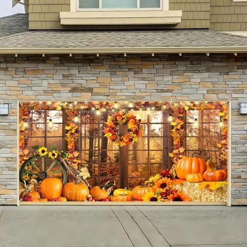 16X7Ft Fall Garage Door Cover Decorations, Autumn Farmhouse Forest Scenery Maple Leaves Pumpkins Harvest Thanksgiving Day Friendsgiving Party Outdoor Wall Patio Yard Decor Banner - Image 2