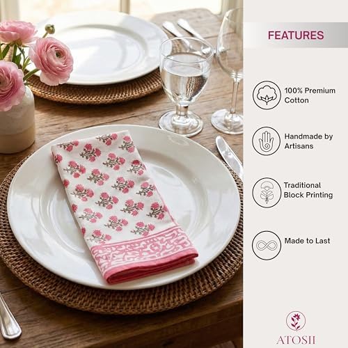 ATOSII Cotton Blockprint Cloth Napkins, Gulbahar Pink, Set of 4, 20" X 20" - Image 4