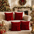 Frienda 4 Pcs Christmas Throw Pillows Cover 20"x20" Burgundy Velvet Bow by Frienda