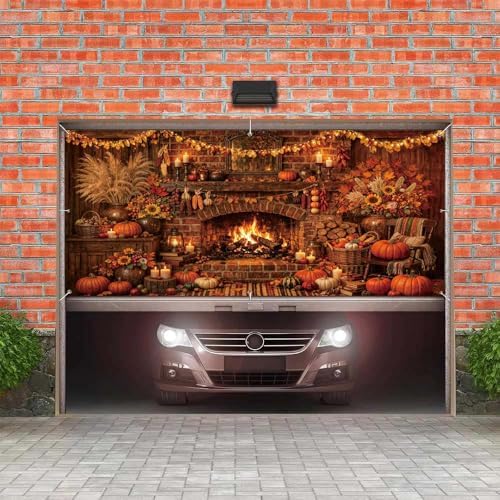 8X7Ft Fall Garage Door Cover Decorations, Autumn Pumpkin Rustic Fireplace Leaves Backdrop Door Cover Fall Thanksgiving Wall Banner Backdrop Background for Home Window Patio Yard - Image 4