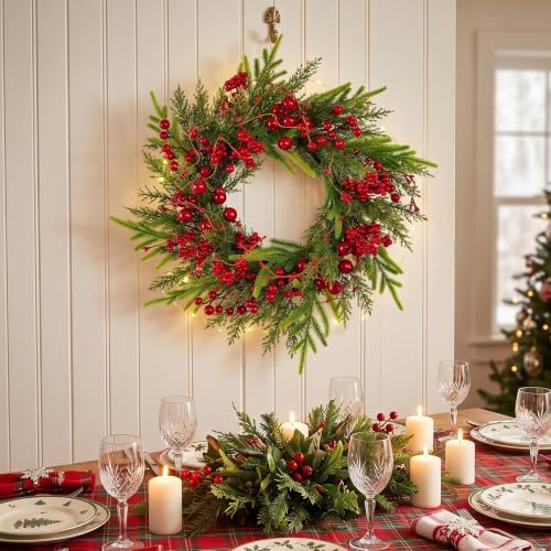 20" Christmas Door Wreaths for Front Door with Norfolk Pine Needle Red Berry for Window Porch Wall Indoors Outside Decoration - Image 7