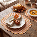 Fall Placemat Set of 6 Cotton Scalloped Gingham Placemat, Orange, 17" x 13" - Image 5
