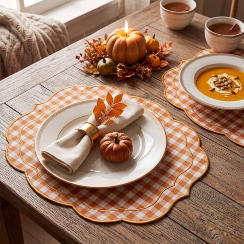 Fall Placemat Set of 6 Cotton Scalloped Gingham Placemat, Orange, 17" x 13" - Image 5