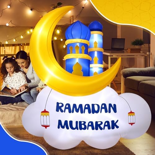Gemscream 5.9FT Ramadan Inflatable Outdoor Decorations Moon Eid Mubarak Inflatables Blow up Muslim Holy Celebration Decor with LED Lights Muslim Islamic Blow up for Holidays Yard(Blue Stylish) - Image 6