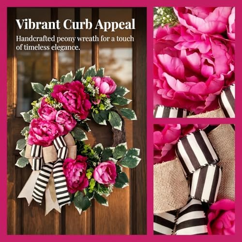 vofuly Spring Summer Wreath for Front Door,hot Pink Peony Wreath with Bow - Image 6