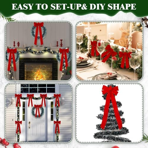 Riceshoot 50 Feet Christmas Garland with Lights 8 Red Bows Outdoor Fence - Image 6