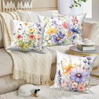 4 Pcs/Set Floral Pillow Covers Wild Flowers Sage Green Leaves Colorful Plants Vintage Throw Pillow Covers for Outdoor Home Couch Sofa Bedroom Farmhouse Decorative, 24"x24" - Image 3