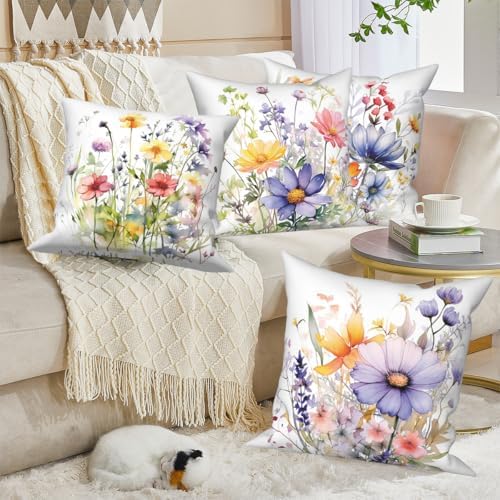 4 Pcs/Set Floral Pillow Covers Wild Flowers Sage Green Leaves Colorful Plants Vintage Throw Pillow Covers for Outdoor Home Couch Sofa Bedroom Farmhouse Decorative, 24"x24" - Image 3